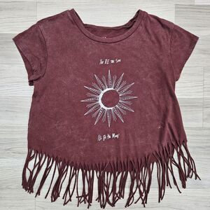 American Eagle Womens Sun Moon Graphic Fringe Shirt Western Hippie Medium